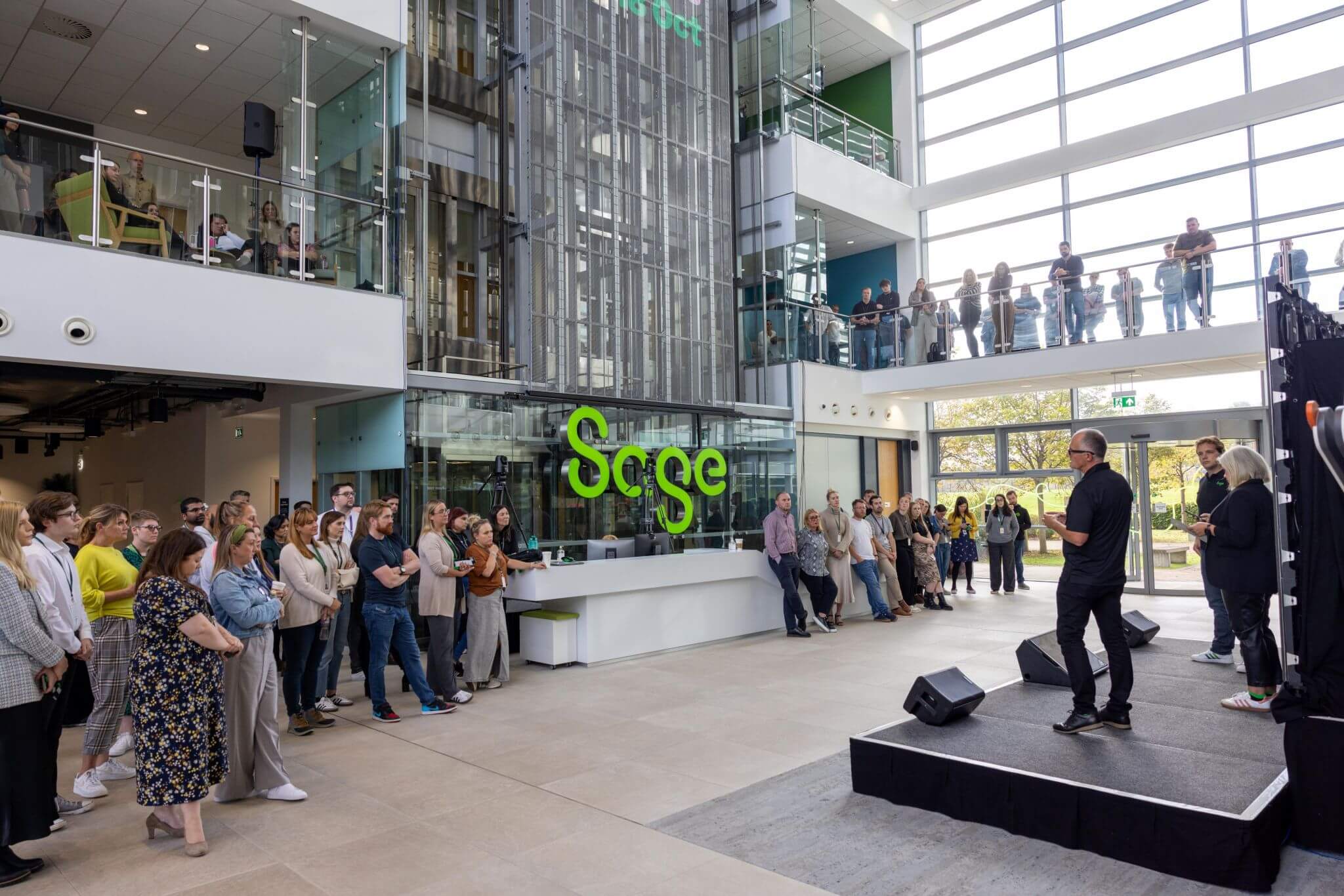   Sage CEO Steve Hare talking to Sage colleagues at a Newcastle office event
