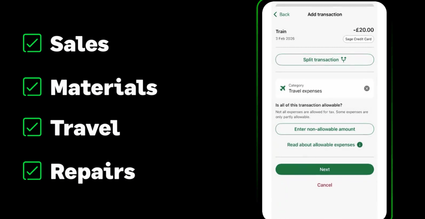  Graphic showing a mobile expense management app alongside a checklist of expense categories: Sales, Materials, Travel, and Repairs, each marked with a green check icon.