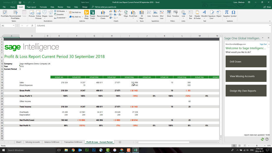 Screenshot of Sage Intelligence profit and loss spreadsheet