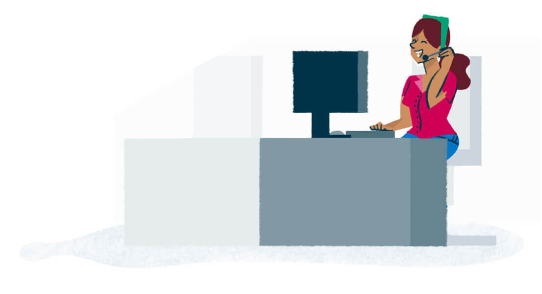 Colourful illustration of a smiling woman sitting at a computer and speaking on a telephone headset