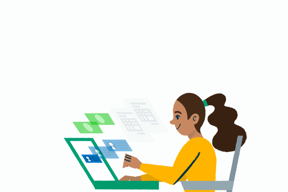 Sage Marketplace list your app illustration with woman sitting in front of laptop
